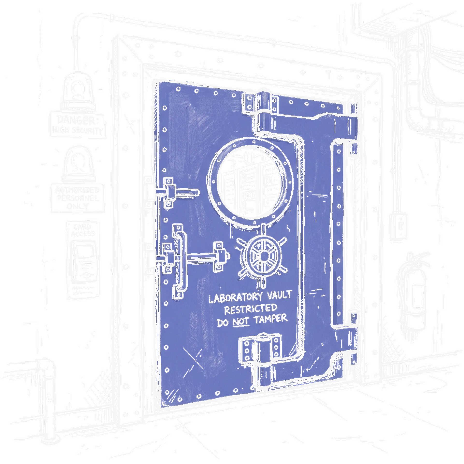 Illustration Labor-Tresorraum mit Warnlichtern, kinewsletter.ch Stil (Dark Mode)