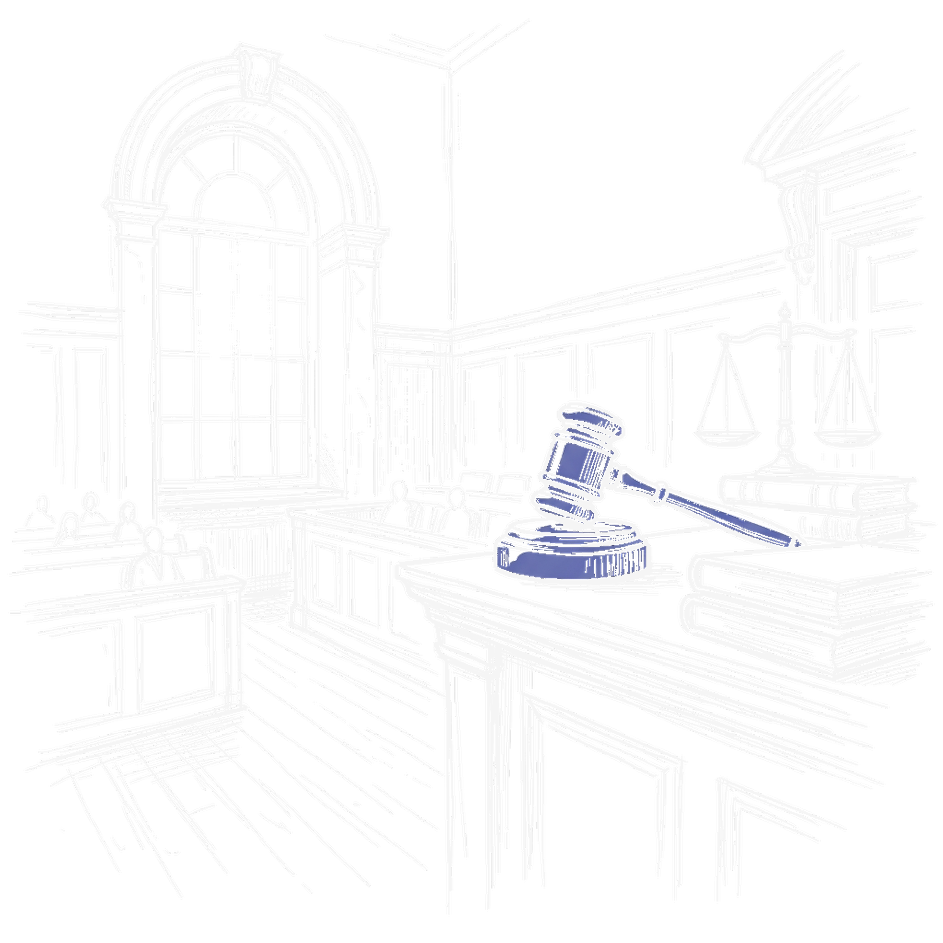 Illustration Gerichtssaal mit Richterhammer und Waage, kinewsletter.ch Stil (Dark Mode)