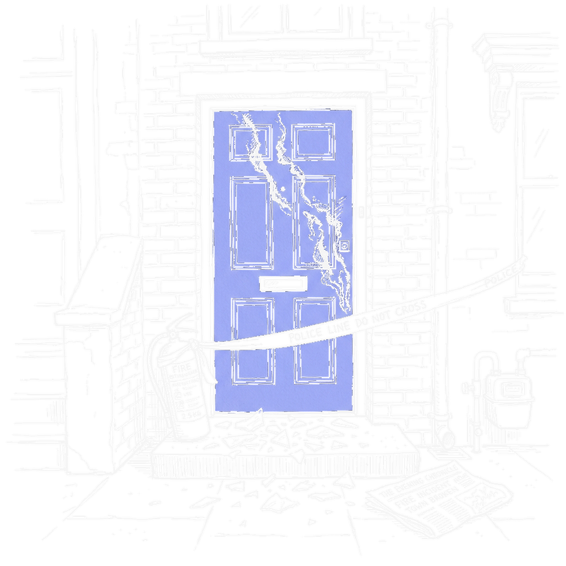 Illustration Haustür mit Brandspuren und Polizeiabsperrung, kinewsletter.ch Stil (Dark Mode)