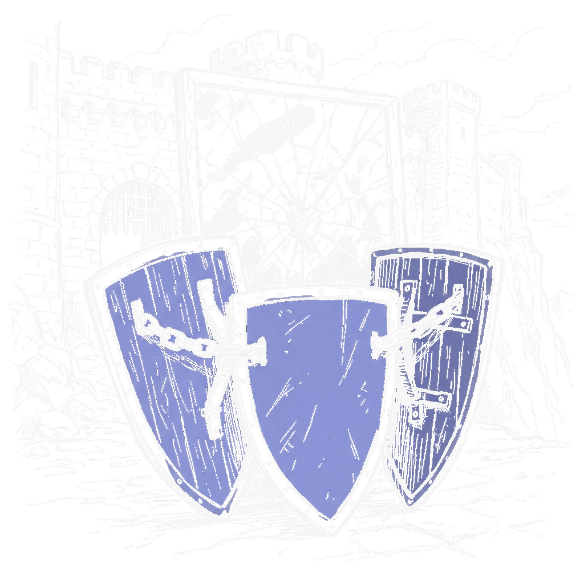 Illustration drei Schilde in Verteidigungsformation, kinewsletter.ch Stil (Dark Mode)