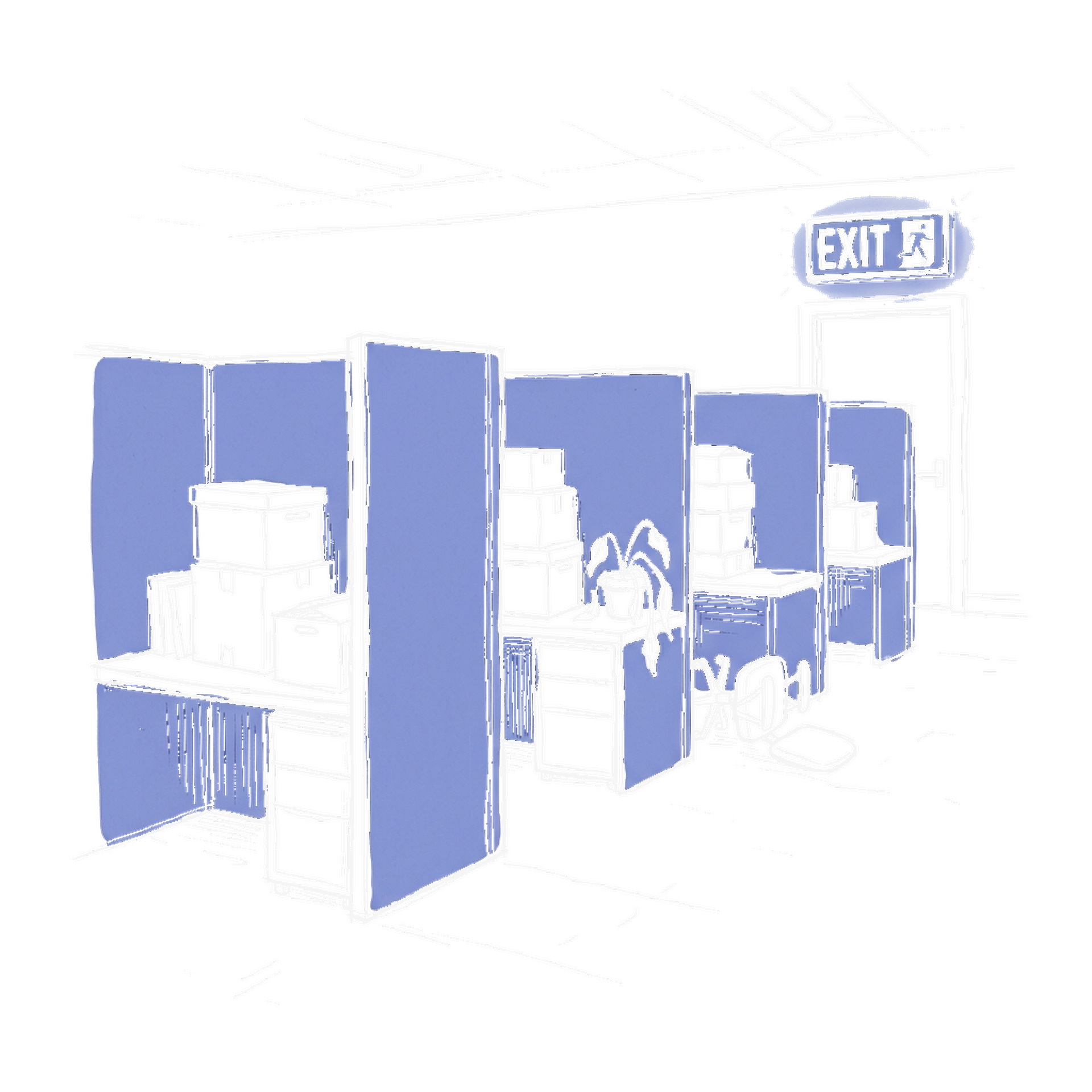 Illustration leere Bürokabinen mit Kartonboxen, kinewsletter.ch Stil (Dark Mode)