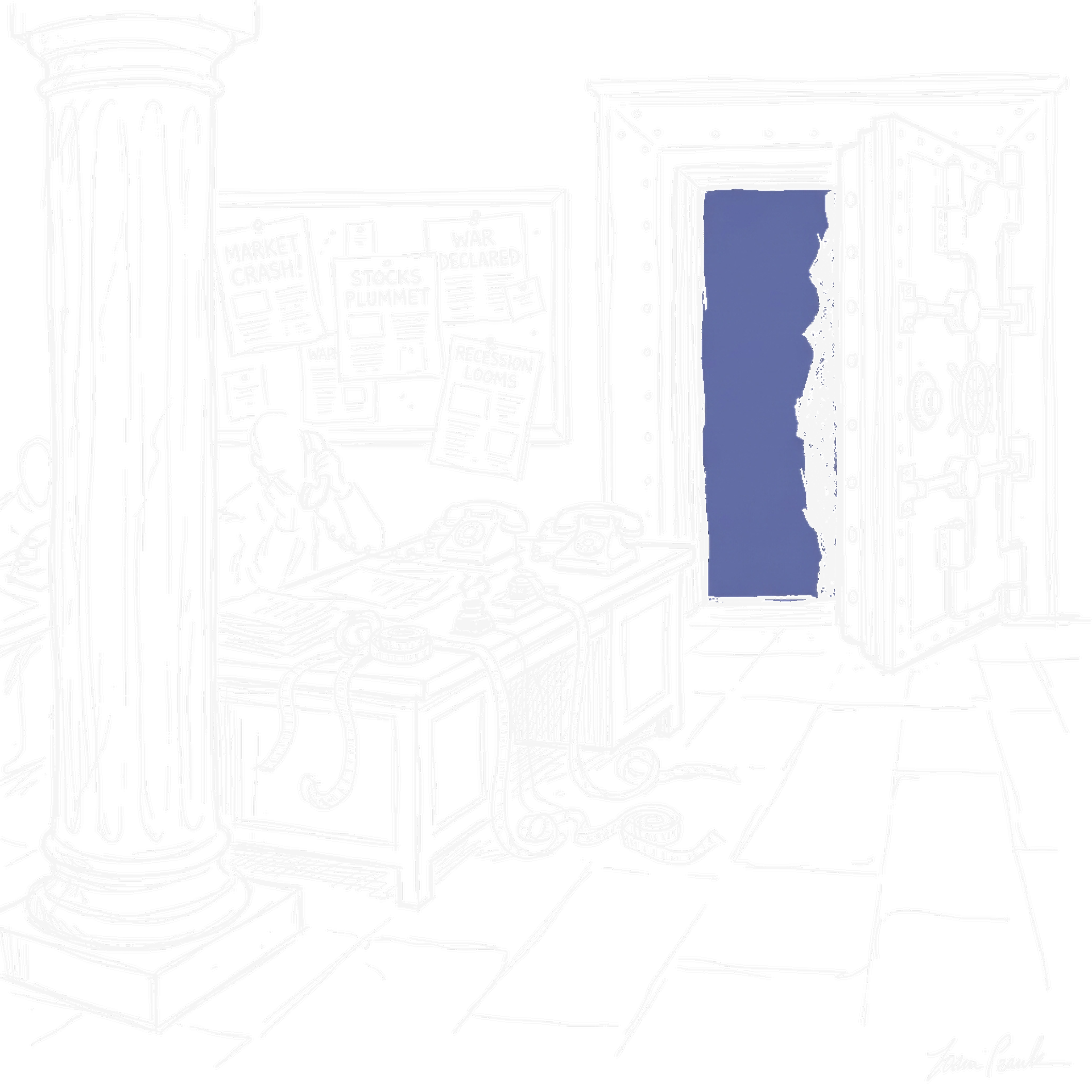 Illustration Banken-Handelsraum mit Tresor, kinewsletter.ch Stil (Dark)