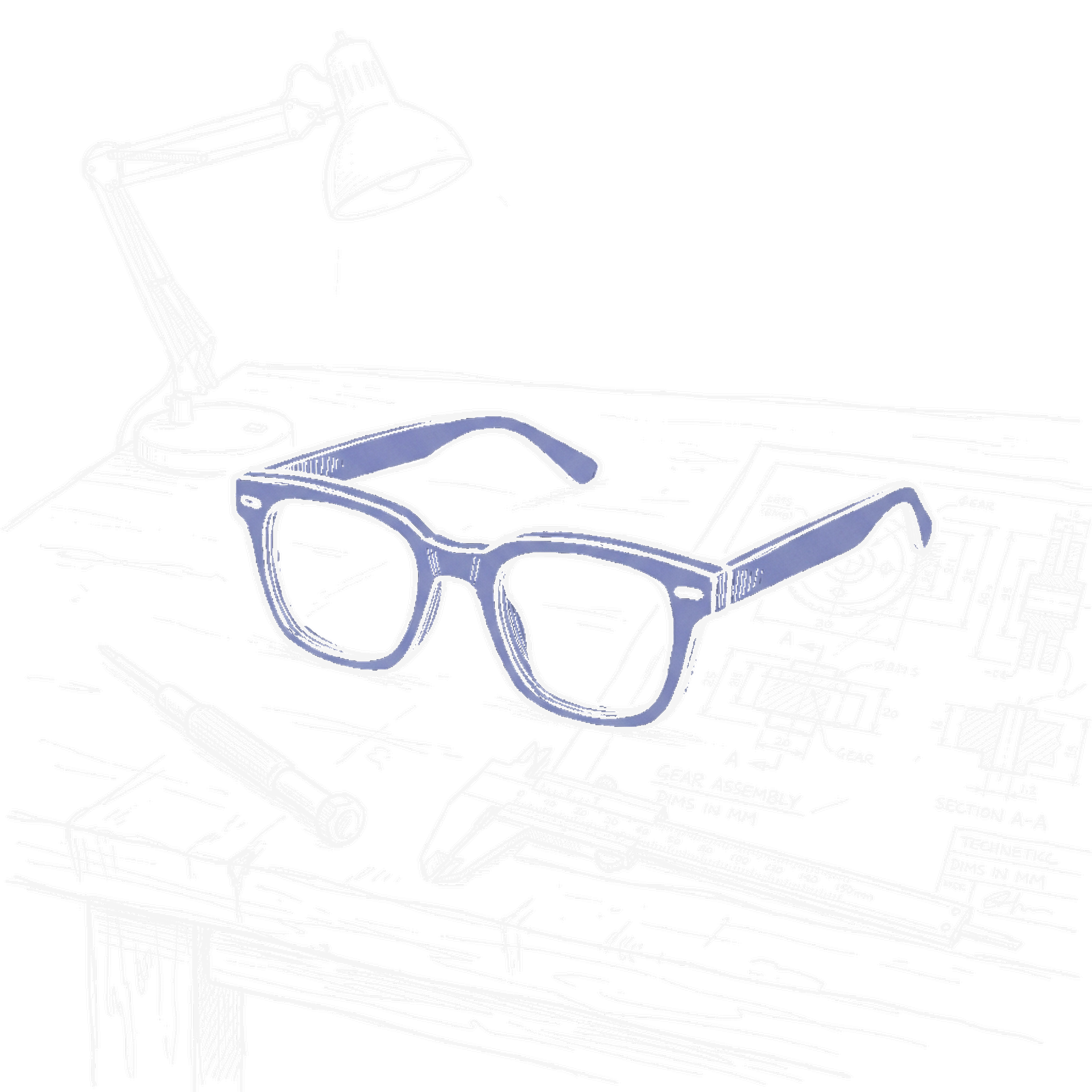 Illustration Brille auf Werkstatt-Tisch mit Blueprint, kinewsletter.ch Stil (Dark)