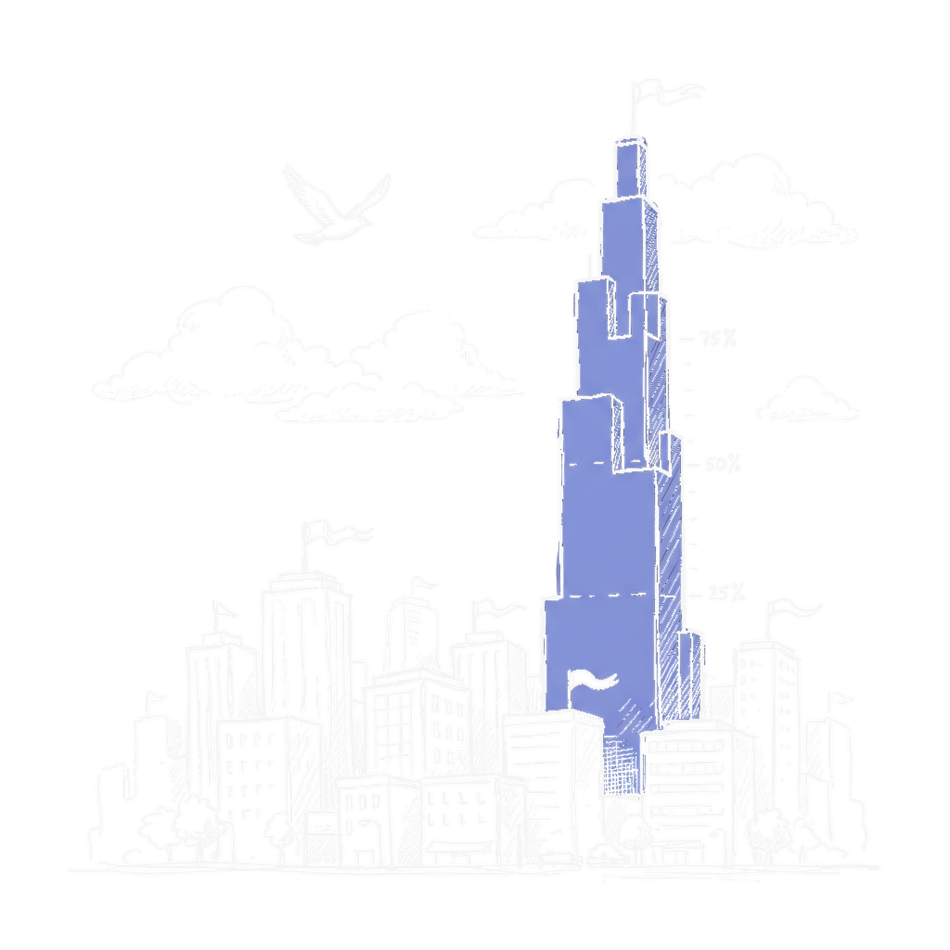 Illustration Wolkenkratzer und Stadt-Skyline, kinewsletter.ch Stil (Dark)