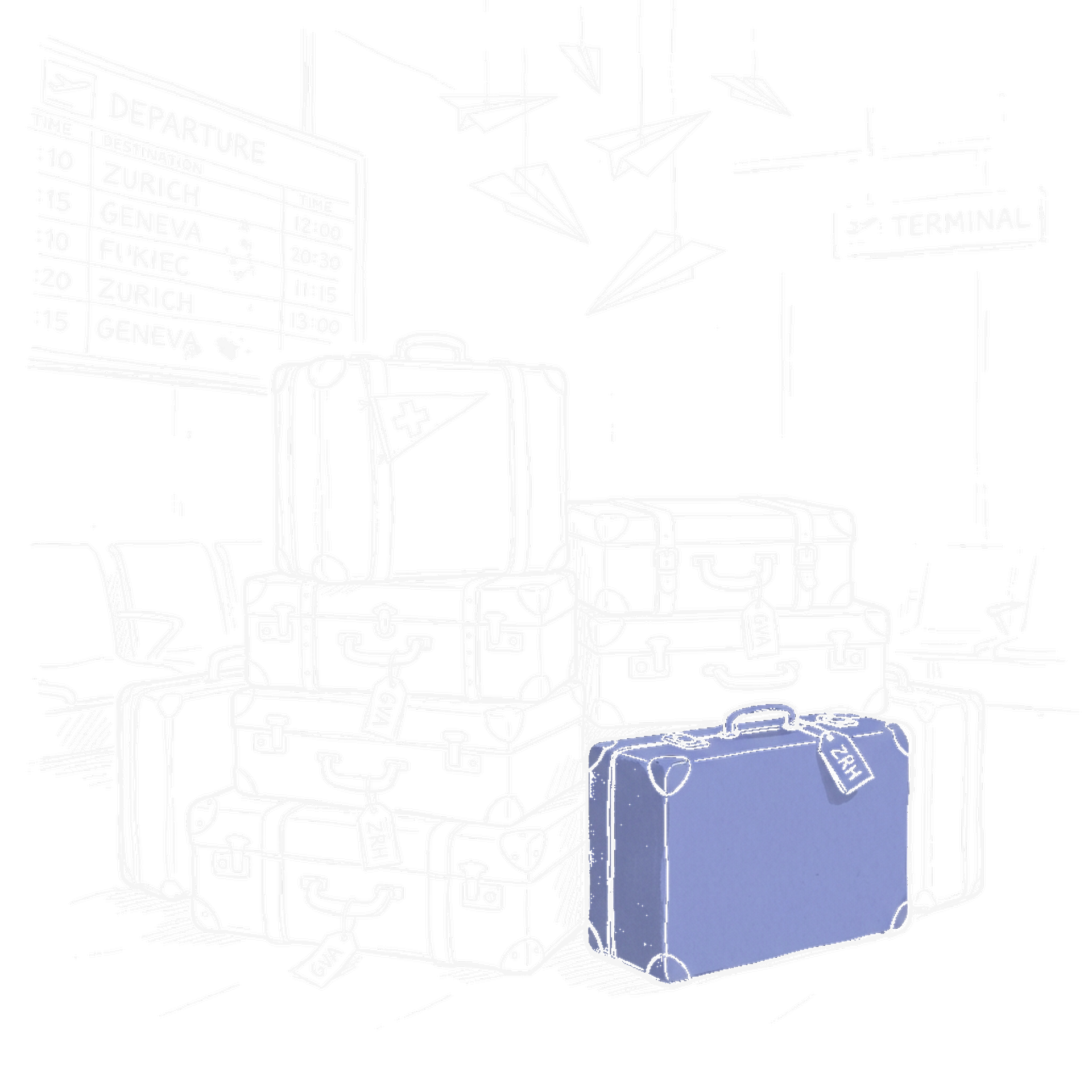 Illustration Koffer am Flughafen mit Schweizer Flagge, kinewsletter.ch Stil (Dark)