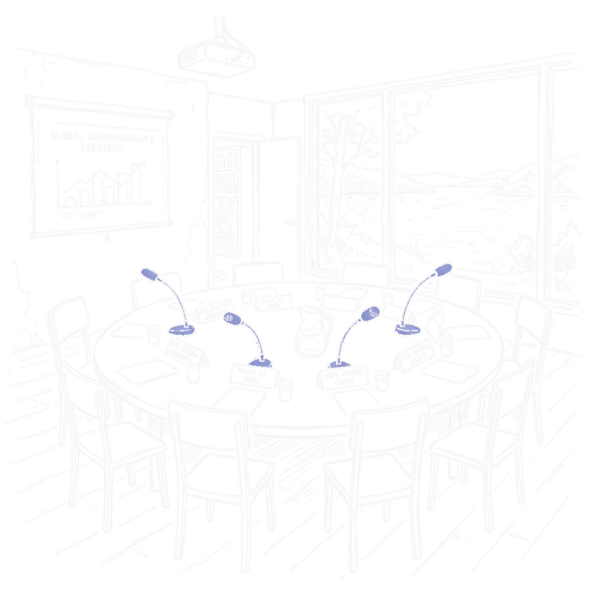 Illustration Konferenzraum mit Mikrofonen am See, kinewsletter.ch Stil (Dark)