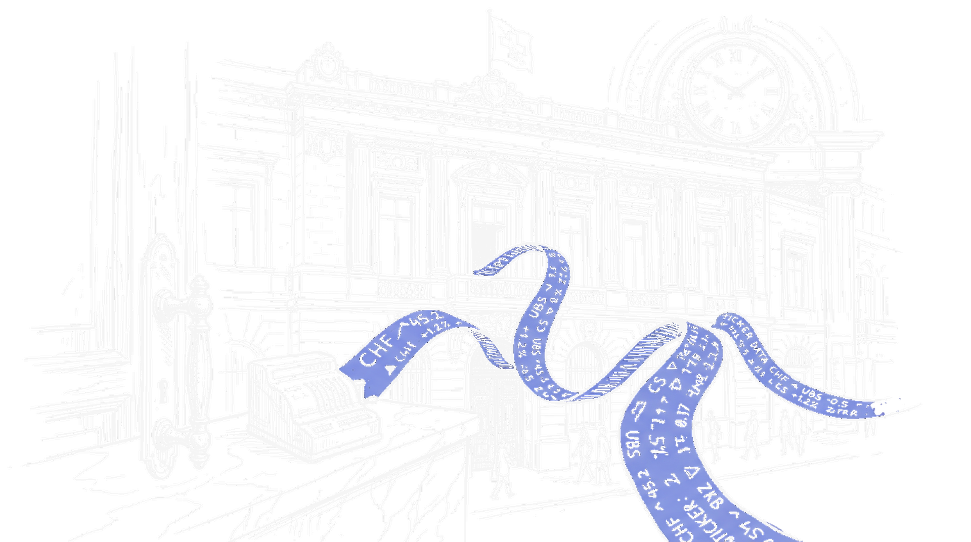 Illustration eines Schweizer Bankgebaeudes mit Boersenticker, kinewsletter.ch Stil (Dark Mode)