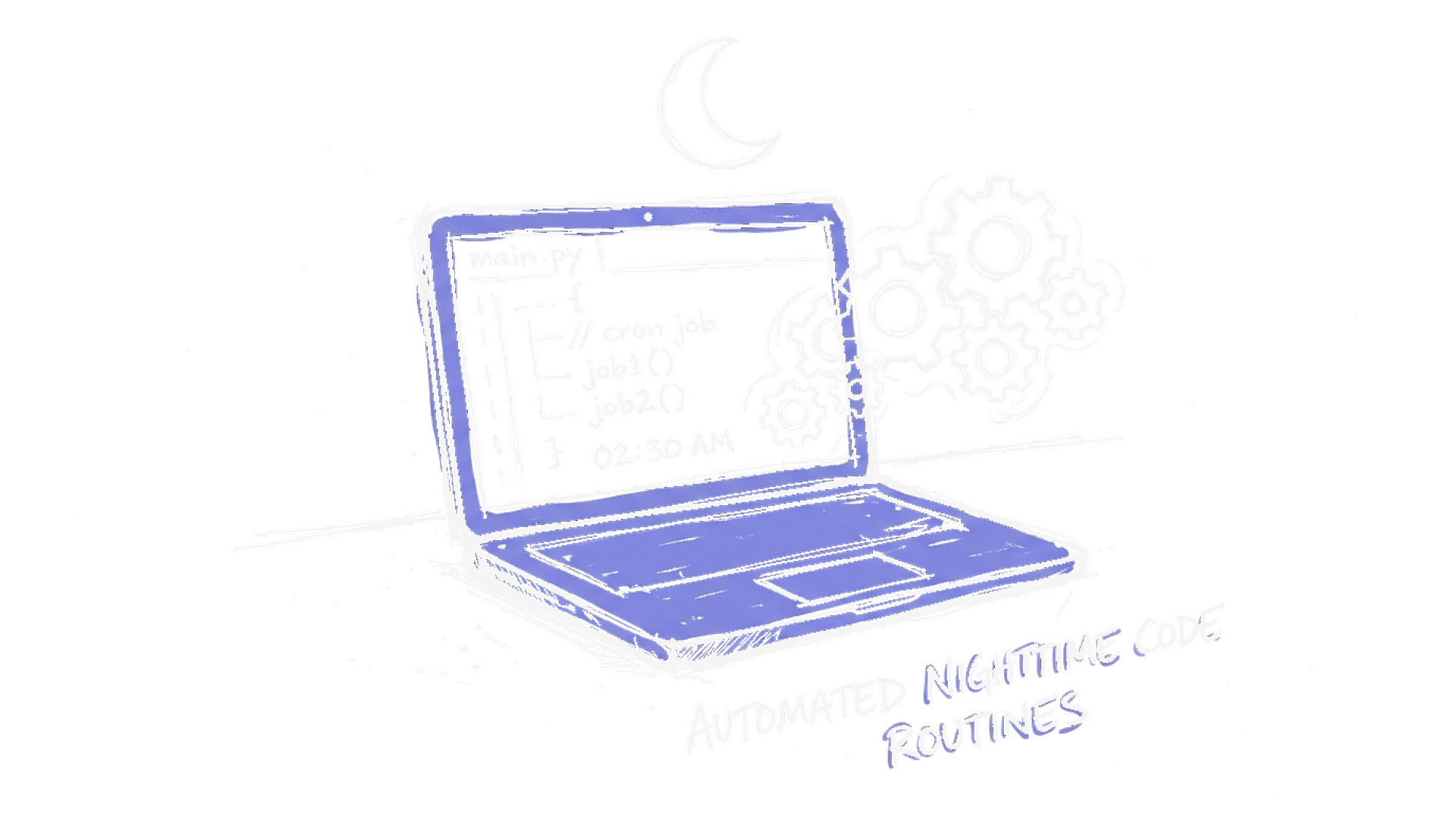 Illustration Laptop mit Zahnrädern und Mond, kinewsletter.ch Stil (Dark)