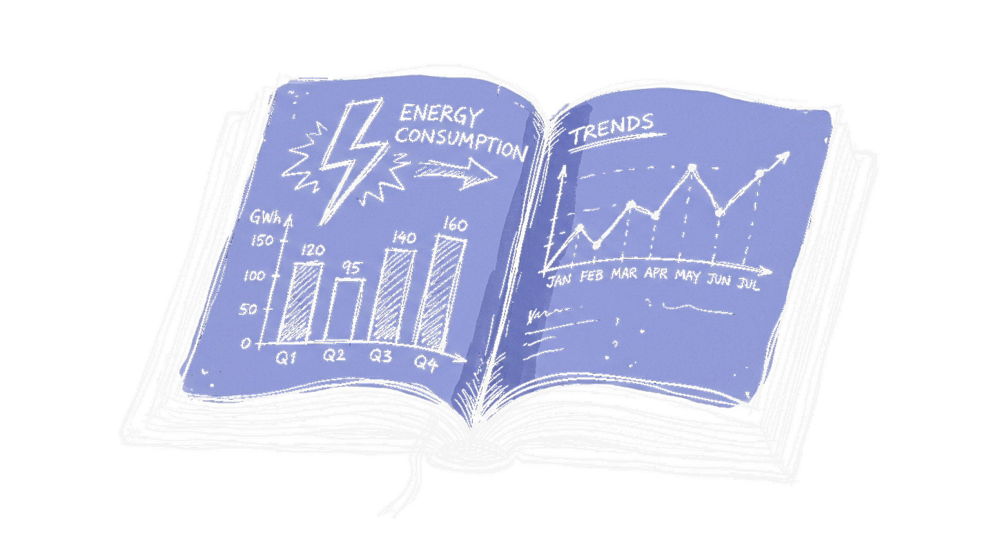 Illustration Report-Buch mit Charts und Blitz, kinewsletter.ch Stil (Dark)