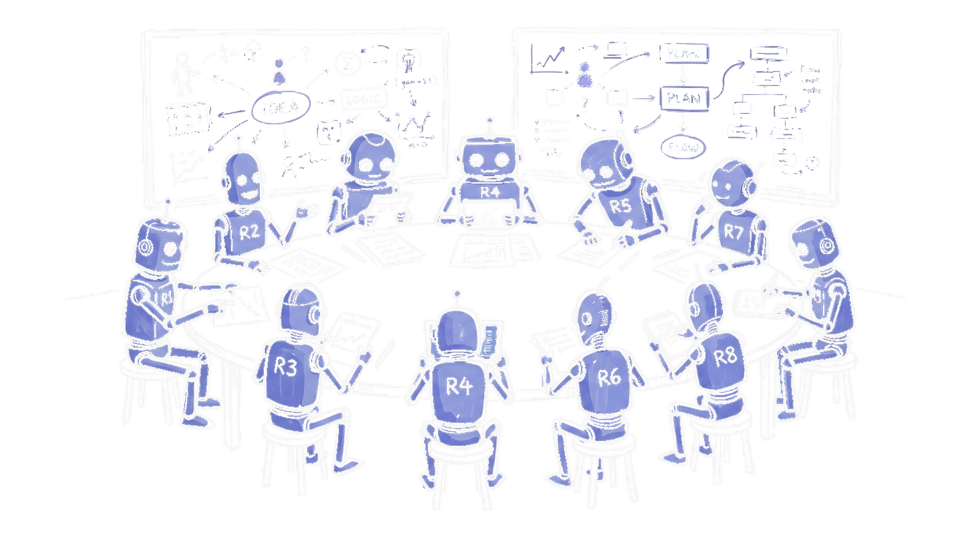 Illustration Roboter-Forscher am Tisch, kinewsletter.ch Stil (Dark)