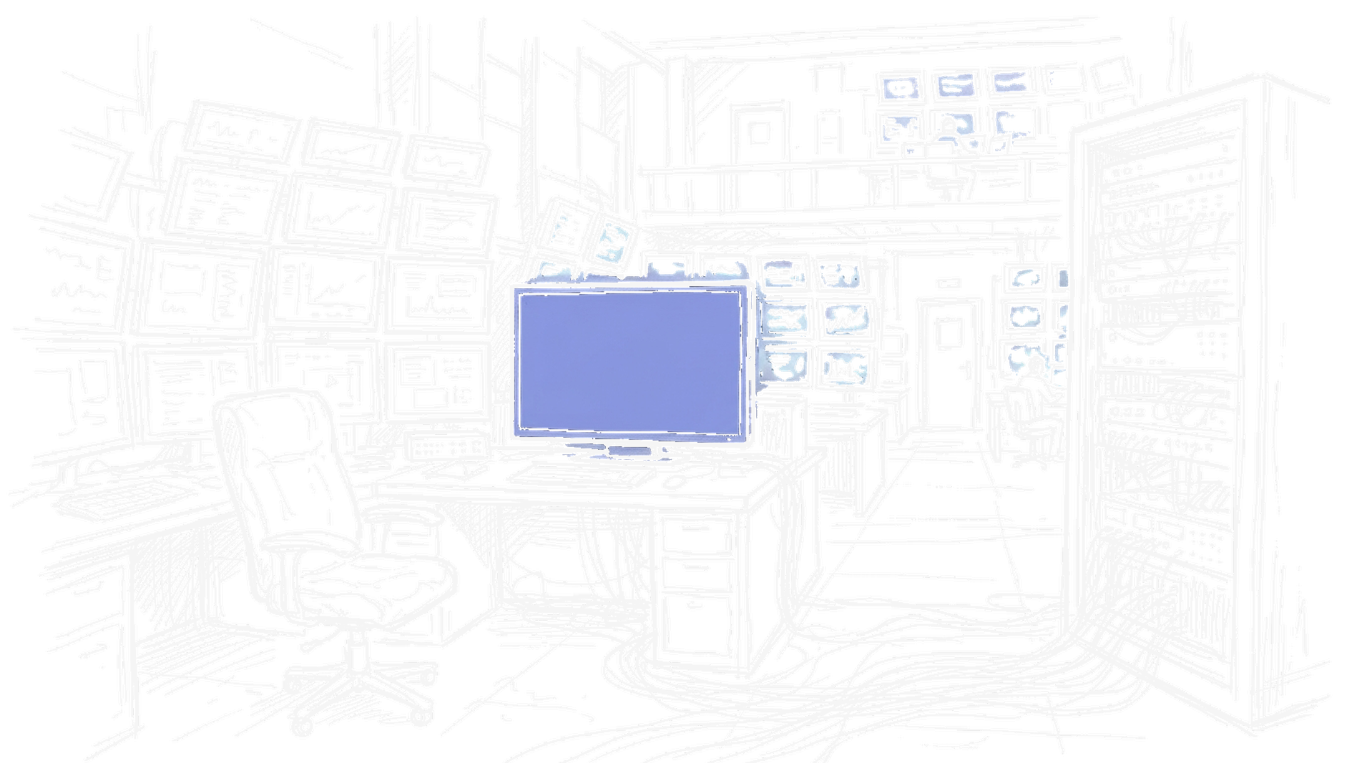 Illustration einer Schaltzentrale mit Monitoren und Servern (Dark Mode), kinewsletter.ch Stil