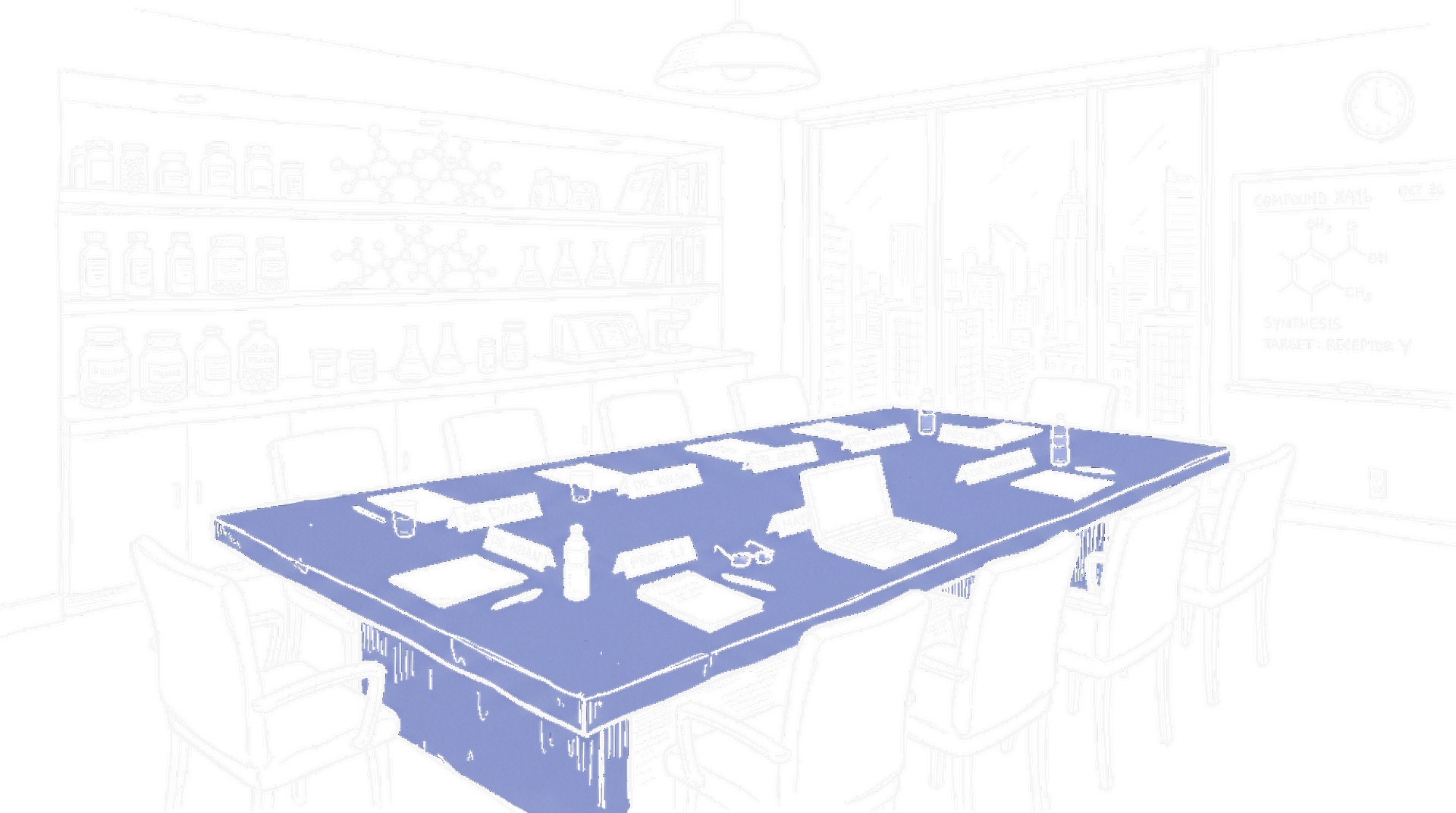 Illustration Konferenzraum mit Molekülmodellen, kinewsletter.ch Stil