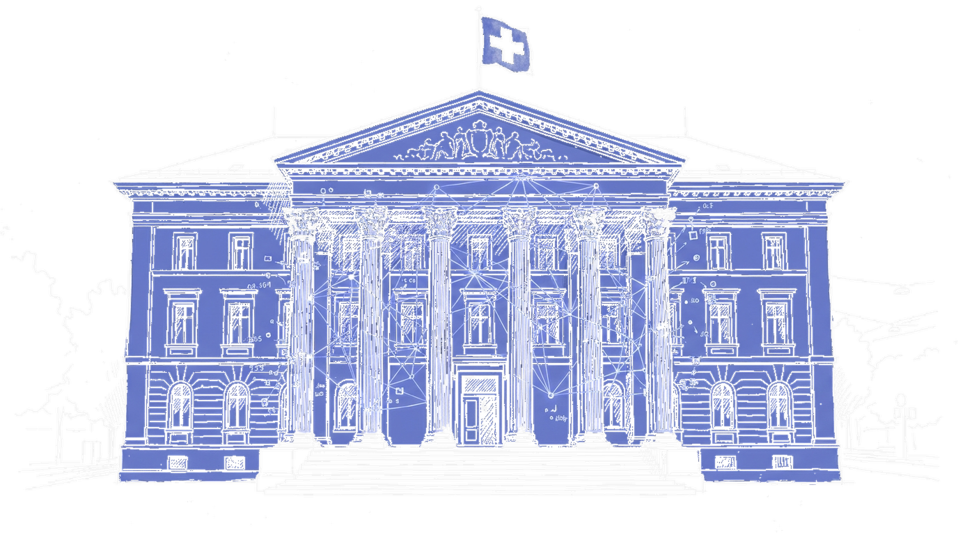 Handgezeichnete Tuscheskizze eines Schweizer Regierungsgebäudes mit digitalem Netzwerk-Overlay – Dark Mode