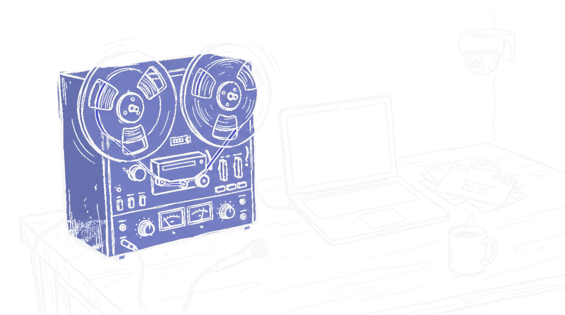 Skizze eines Tonbandgeräts, das einen Laptop heimlich aufnimmt, Überwachungskamera im Hintergrund, kinewsletter.ch Stil