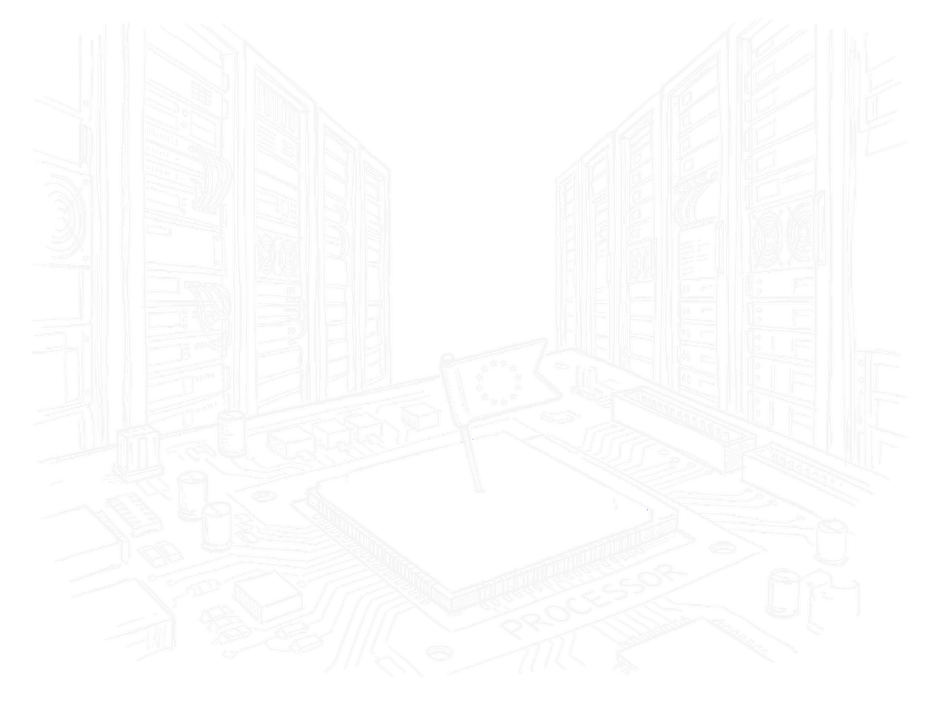Skizze eines Computerchips auf einer Platine vor Reihen hoher Serverschränke, eine kleine Fahne mit Sternenkreis steckt auf dem Chip (Dark)