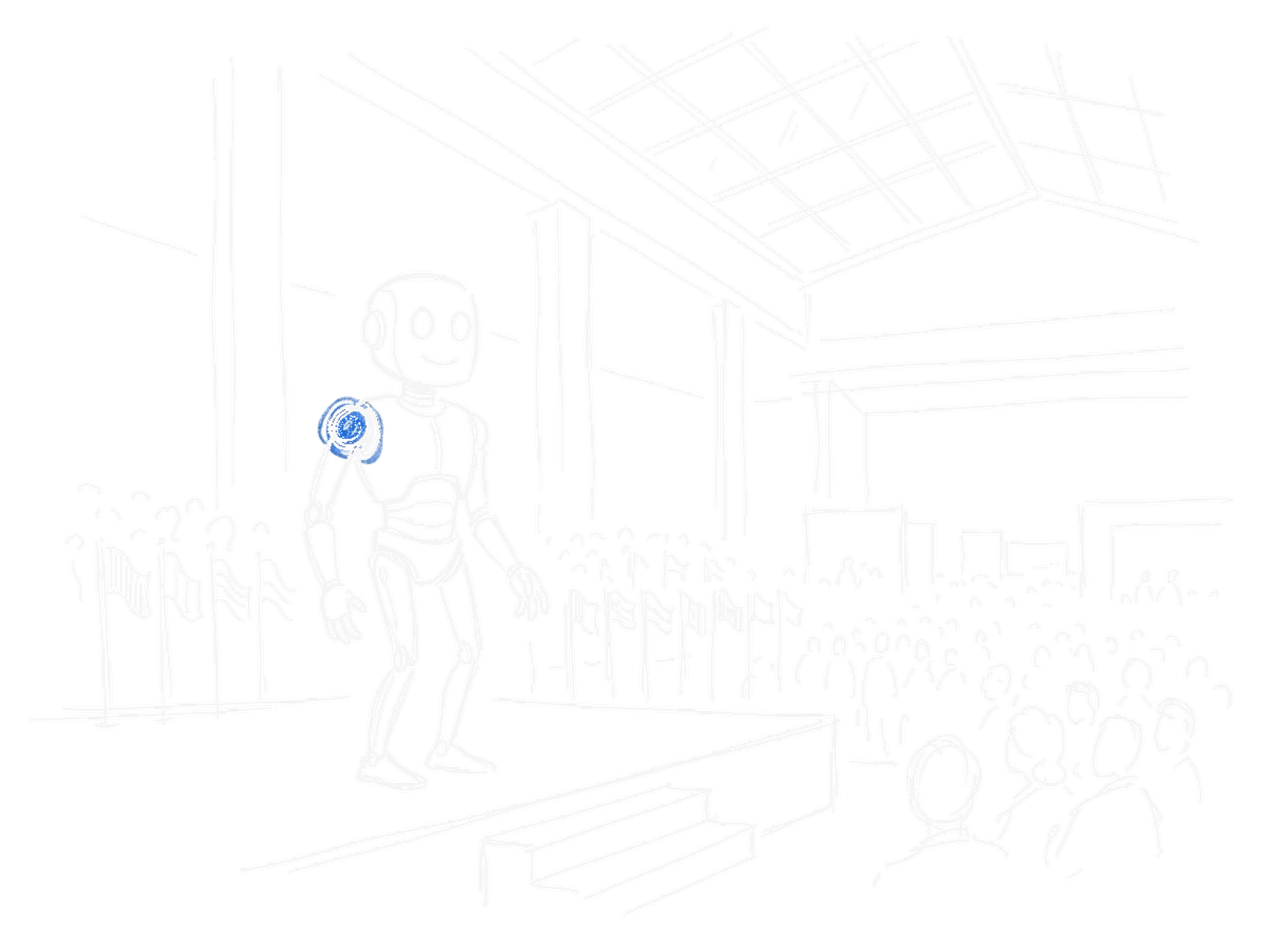 Handgezeichnete Illustration eines humanoiden Roboters auf einer Bühne, kinewsletter.ch Stil (Dark Mode)