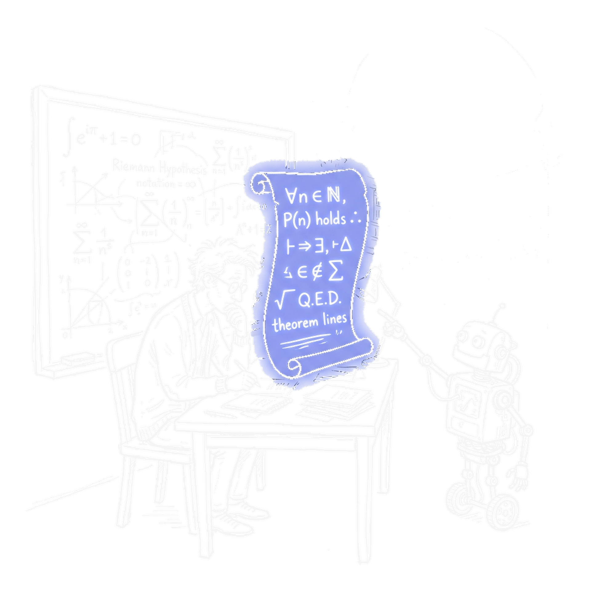 Skizze AlphaProof Nexus mit Mathematiker, Tafel mit Formeln, Roboter und Beweis-Schriftrolle (Dark)