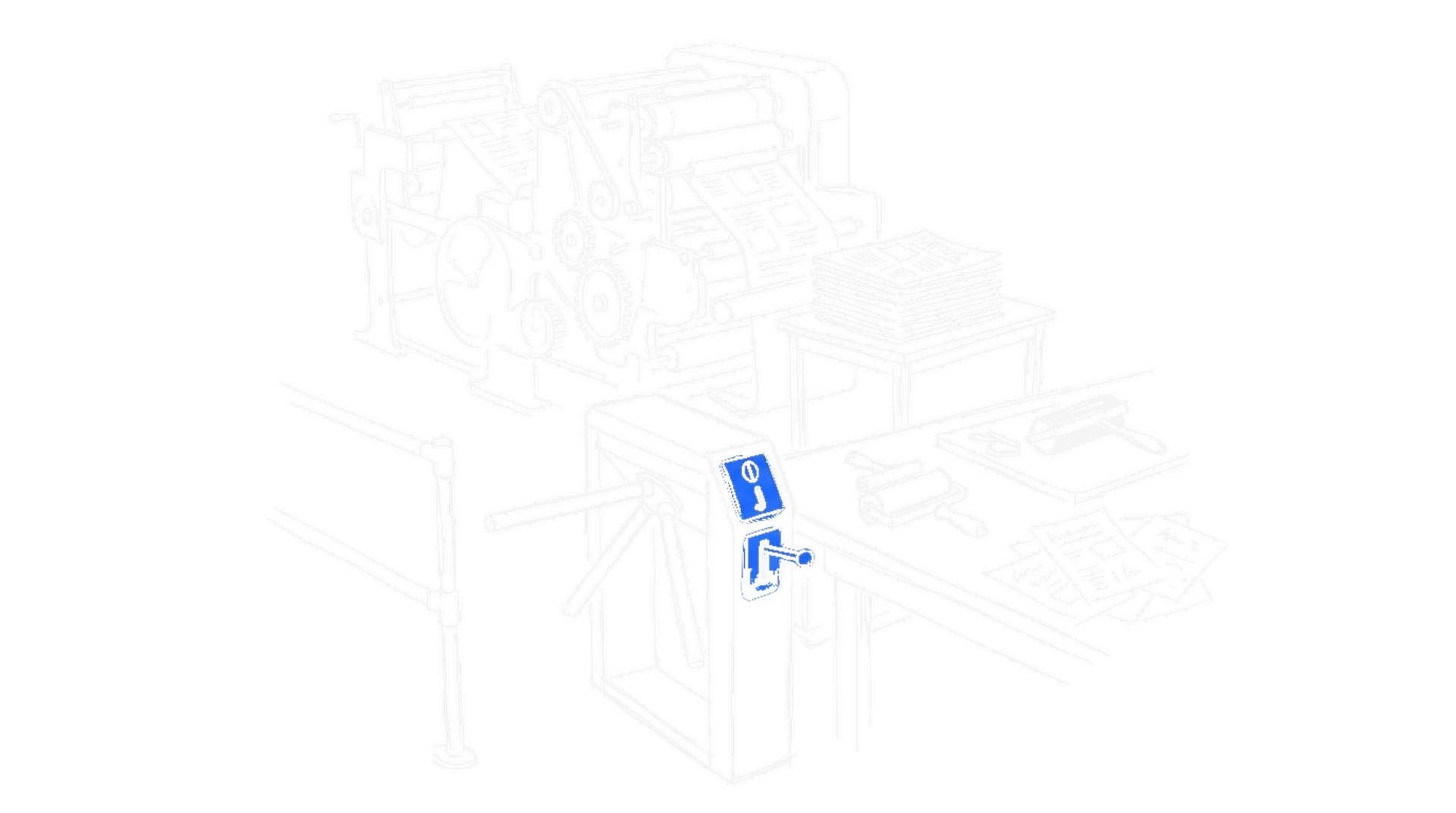 Illustration einer Druckmaschine mit gestapelten Zeitungen und einem Drehkreuz-Tor, kinewsletter.ch Stil (Dark Mode)