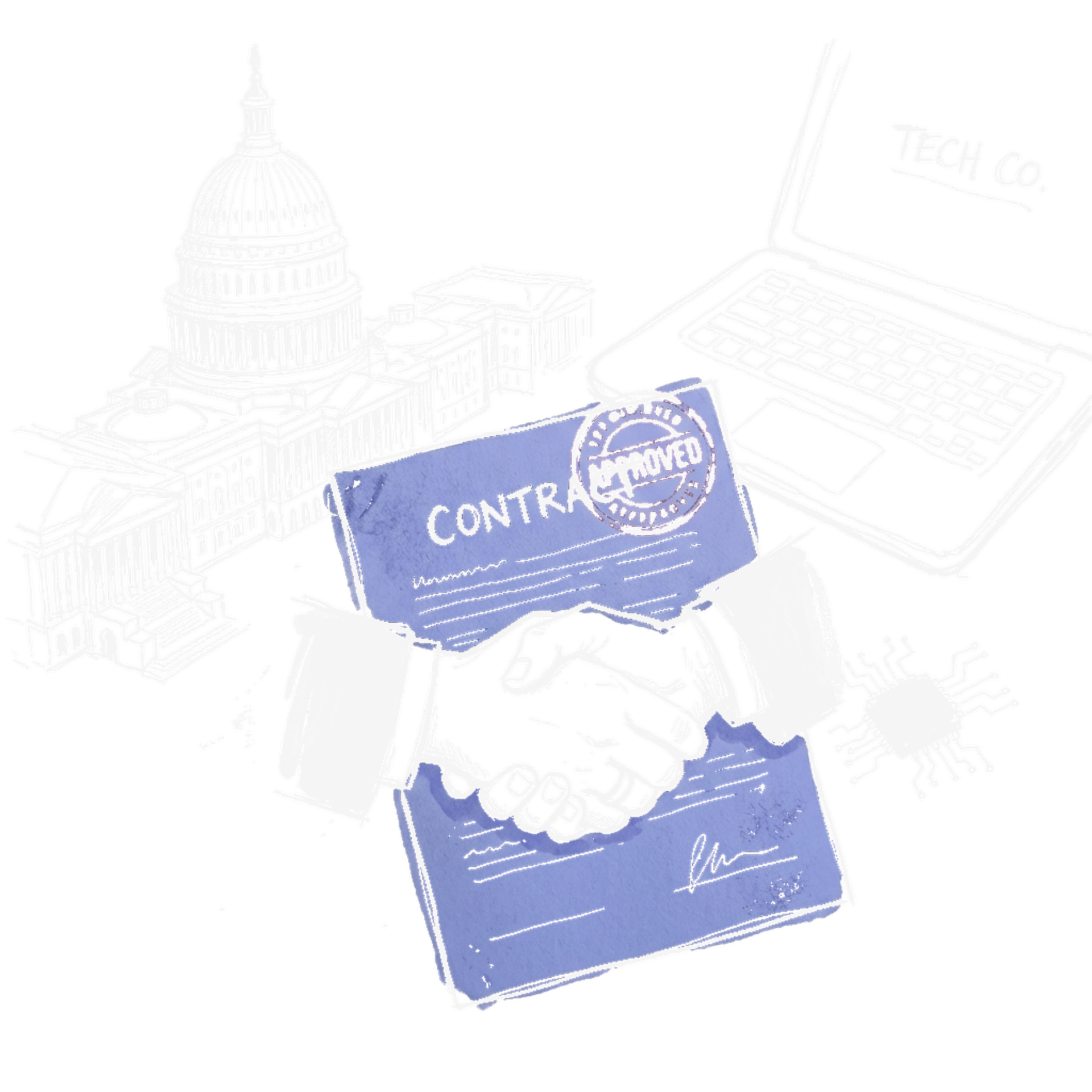 Skizze Capitol Hill mit Vertrag, Handschlag und Tech-Laptop, kleiner Chip neben dem Dokument (Dark)