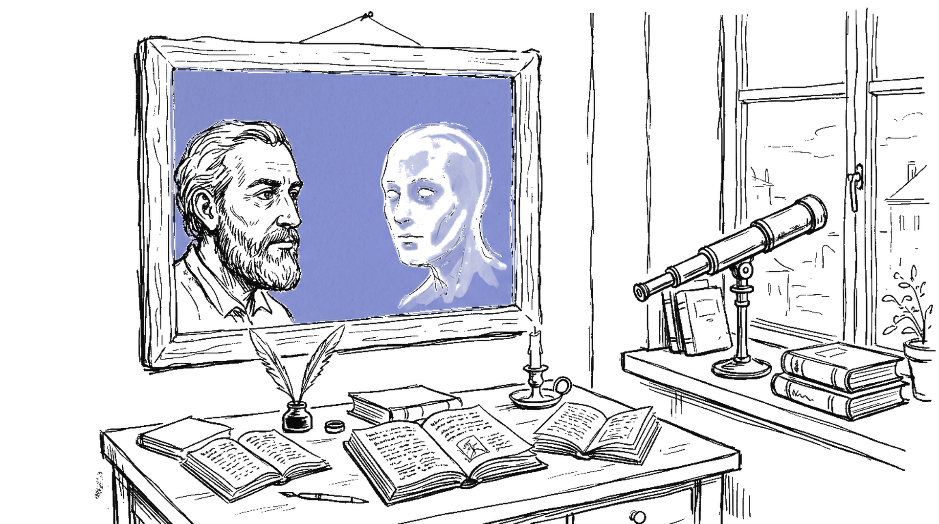Illustration einer Spiegelreflexion mit zwei Gesichtern – Mensch und KI – als Metapher für die Bewusstseinsfrage, kinewsletter.ch Stil