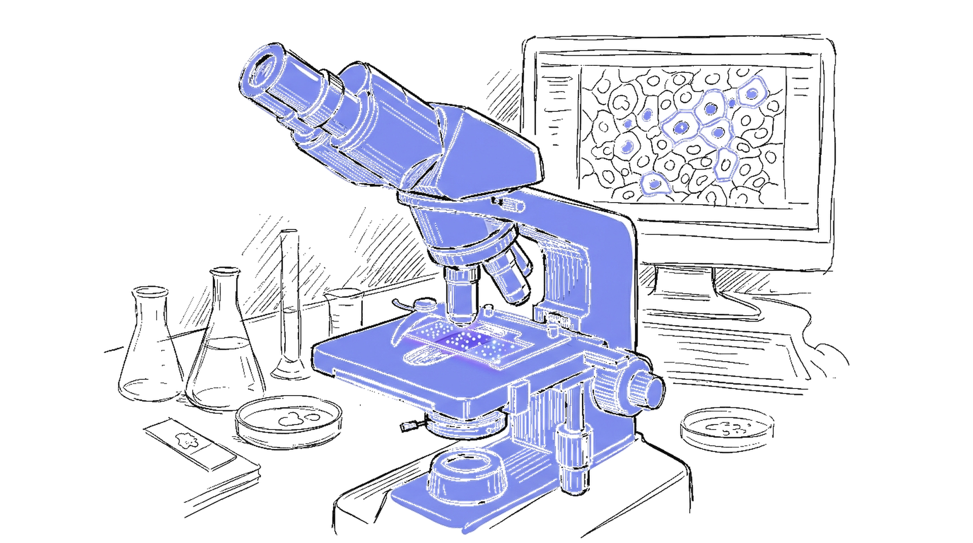 Handgezeichnete Skizze eines Mikroskops mit digitaler Proteinmarker-Overlay auf einem Gewebeschnitt