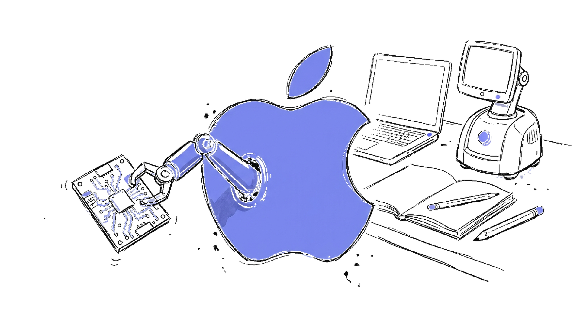 Handgezeichnete Skizze eines Apple-Logos mit Roboterarm und Schreibtisch mit Robotergerät