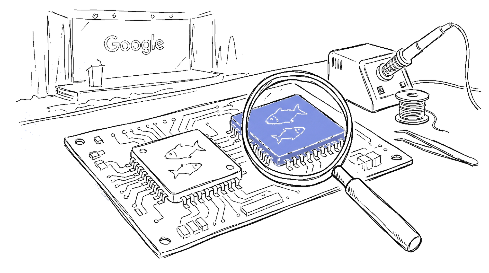 Handgezeichnete Skizze von Computerchips auf einer Platine mit Fisch-Gravuren und Konferenzbühne