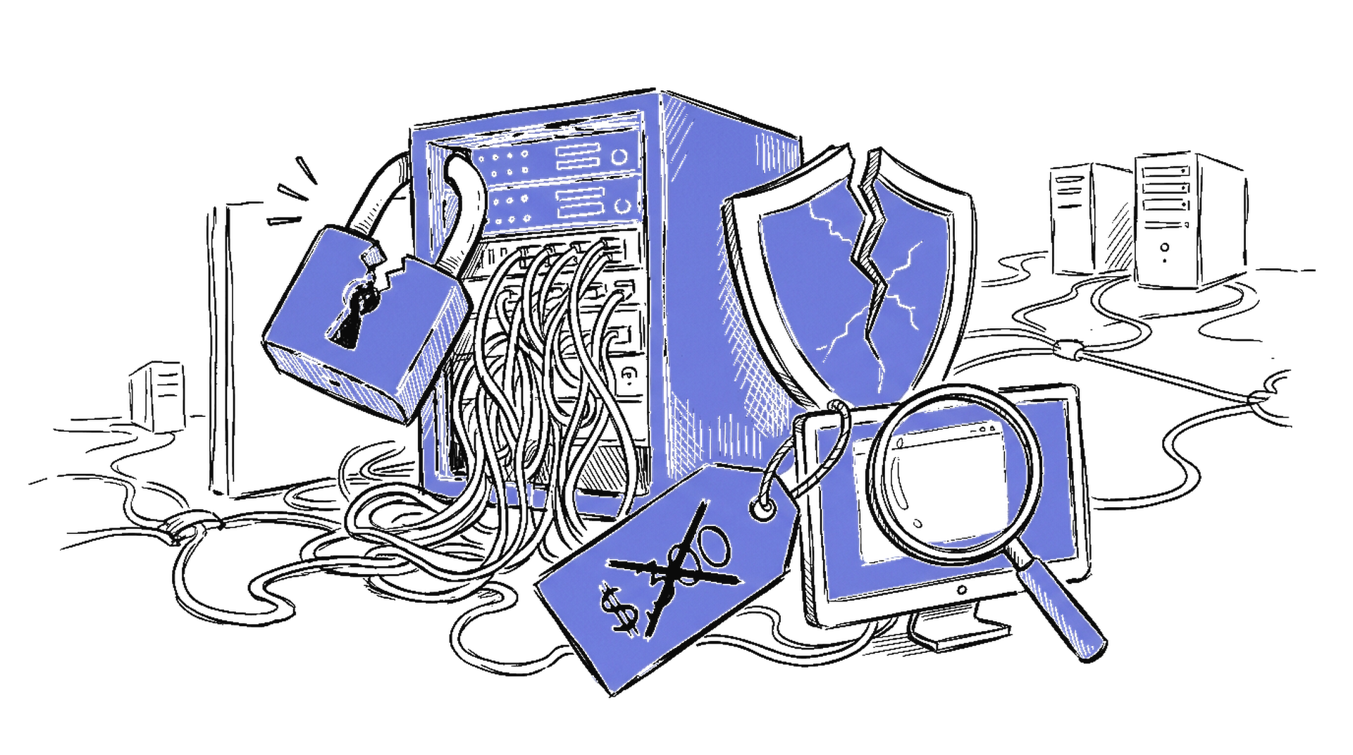 Handgezeichnete Skizze eines gebrochenen Vorhängeschlosses auf einem Serverrack