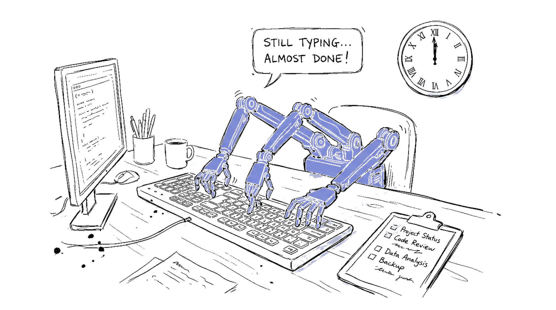 Handgezeichnete Skizze von Roboterarmen an einem Schreibtisch mit Tastatur und Checkliste