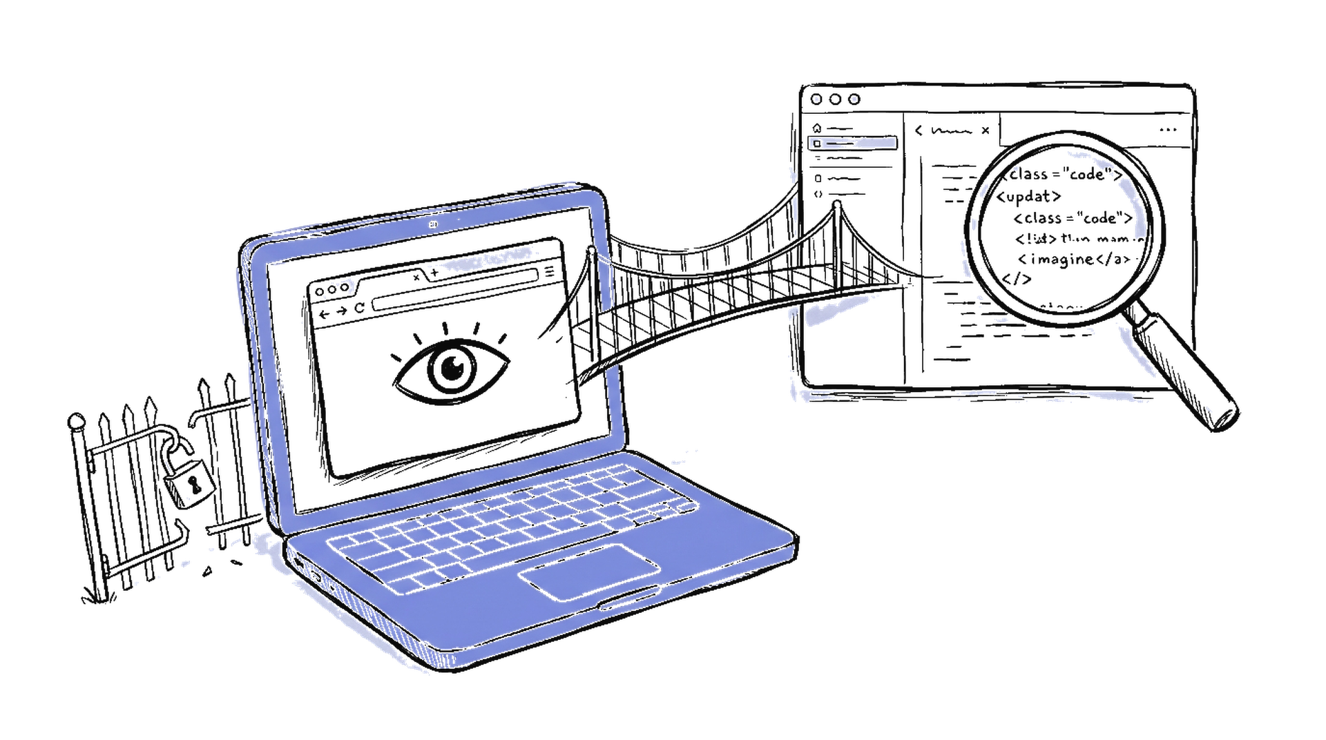 Handgezeichnete Skizze eines Laptops mit Auge-Symbol im Browser und offener Brücke zum Desktop