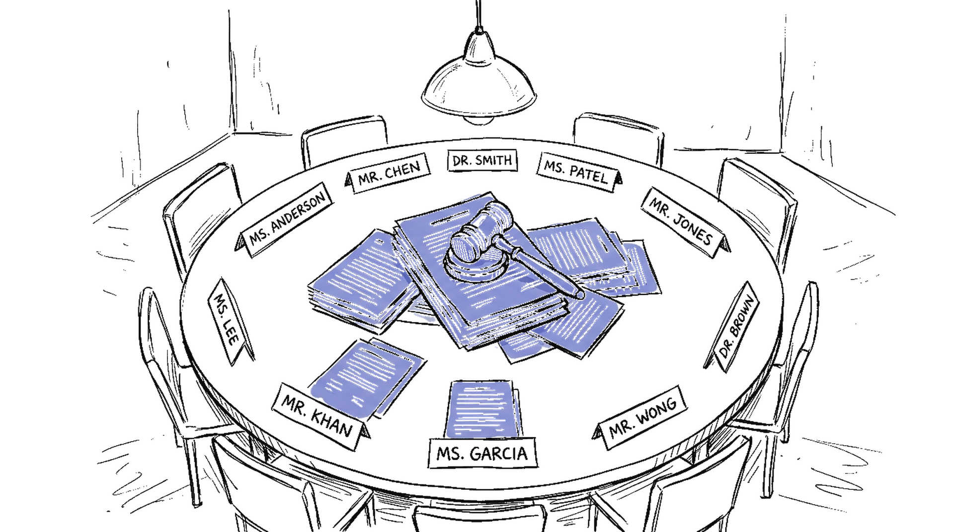 Illustration eines Verhandlungstisches mit Gesetzbüchern und Hammer, kinewsletter.ch Stil
