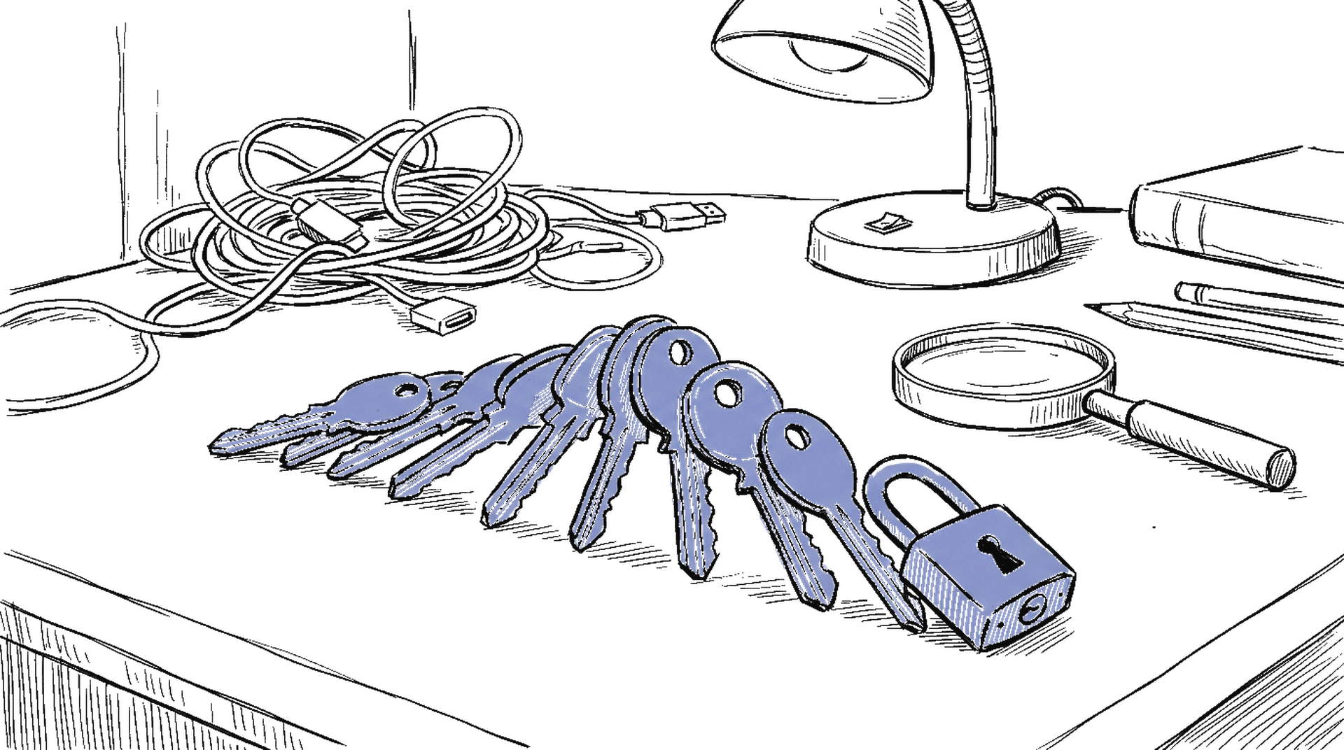 Illustration einer Domino-Kette aus Schlüsseln, die nacheinander umfallen, kinewsletter.ch Stil