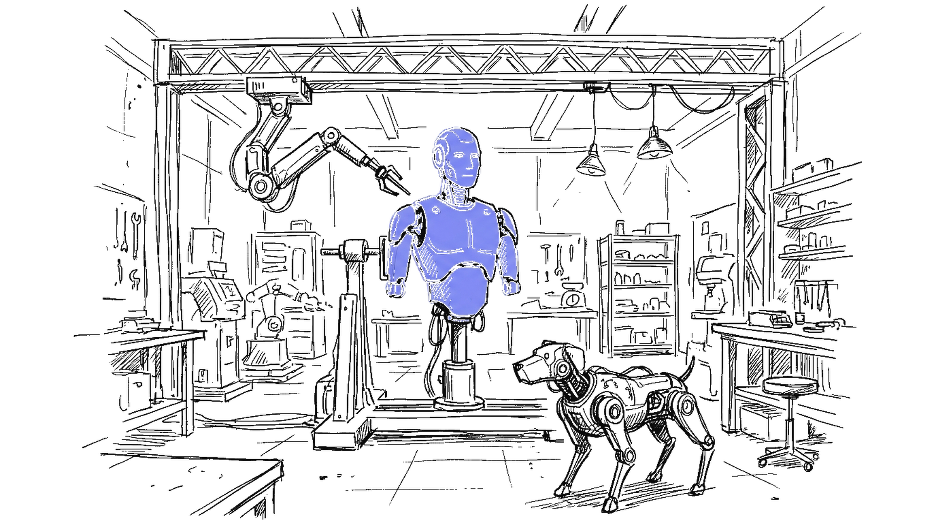 Illustration einer Werkshalle mit Humanoid-Roboter und Vierbeiner, kinewsletter.ch Stil