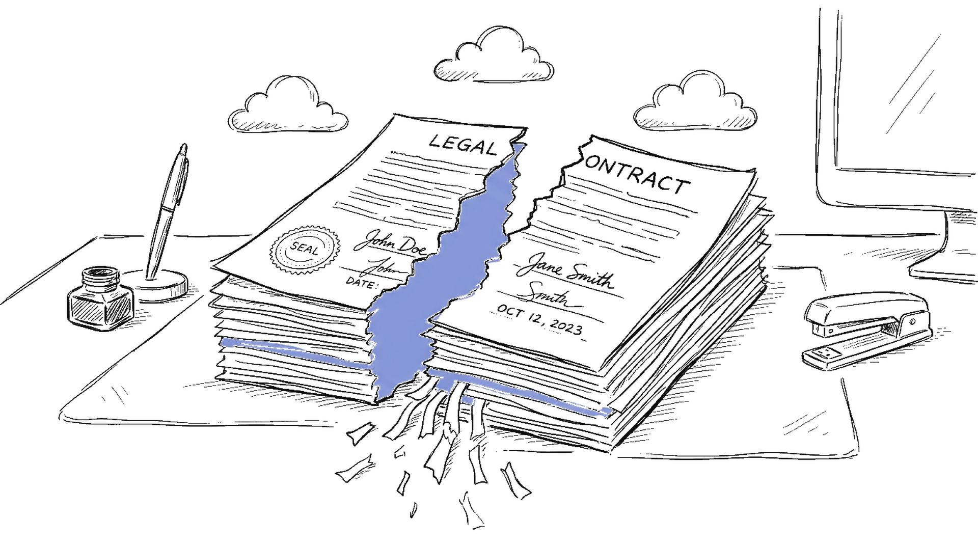 Illustration eines auseinanderbrechenden Vertragsstapels mit drei Cloud-Symbolen, kinewsletter.ch Stil