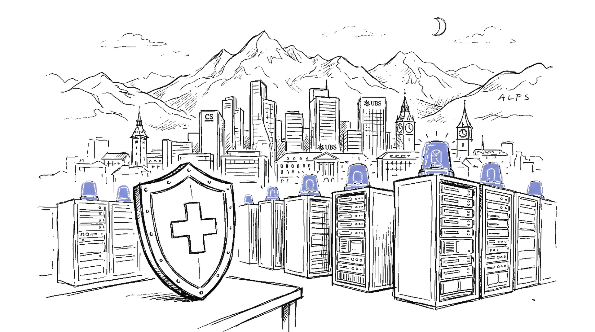 Illustration einer Schweizer Finanzplatz-Skyline mit roten Warnsymbolen über Servern, kinewsletter.ch Stil