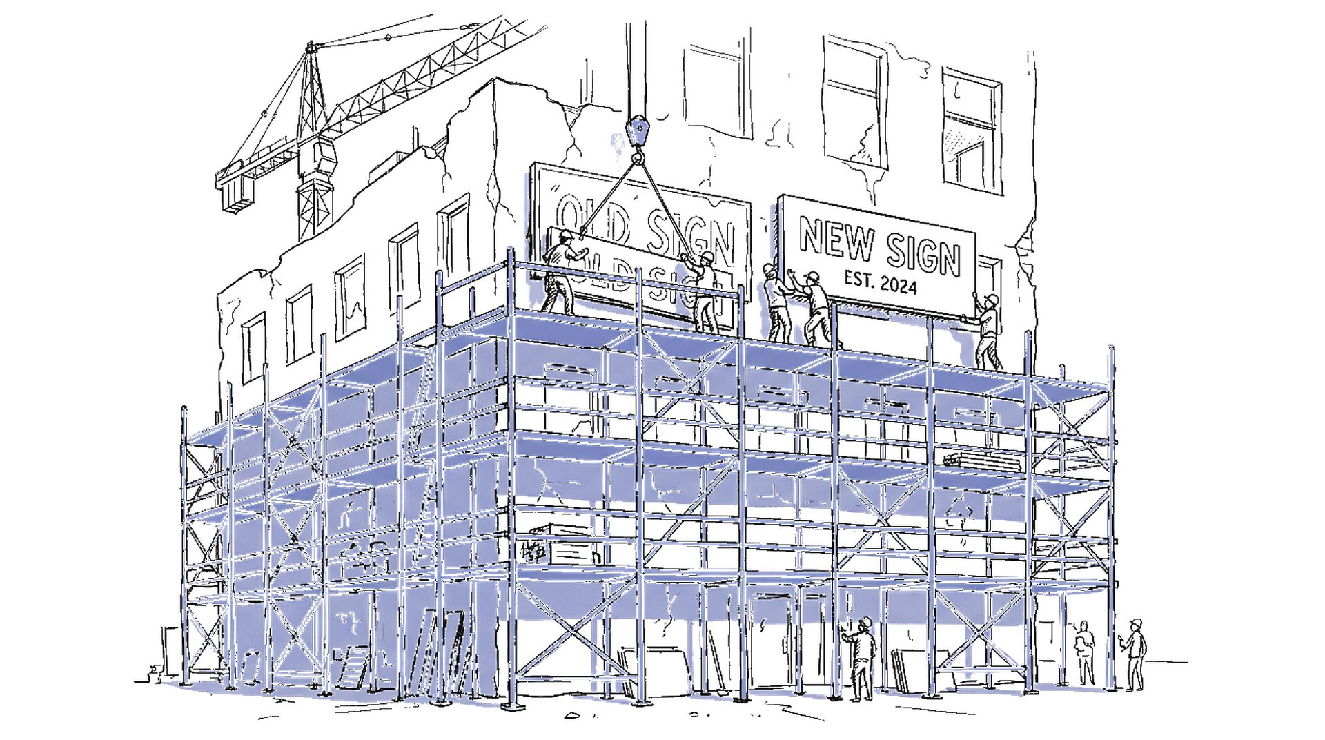 Illustration eines Baugerüsts an einem Gebäude, kinewsletter.ch Stil