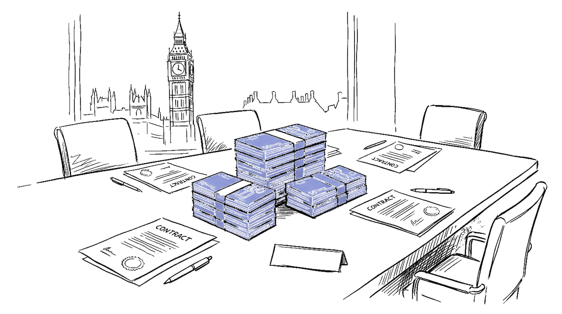 Illustration eines europäischen Funding-Tisches mit drei Geldbündeln in unterschiedlichen Grössen, kinewsletter.ch Stil