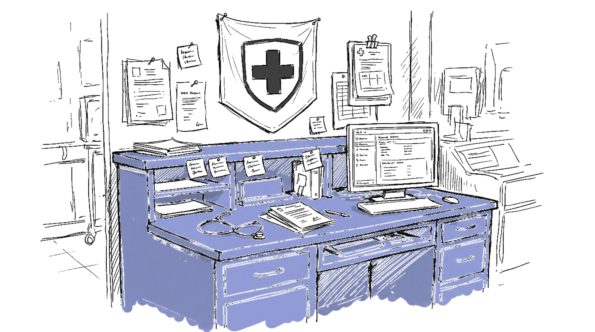 Illustration einer Notaufnahme-Konsole mit Schweizer Kreuz-Logo und einem freundlichen LLM-Symbol auf dem Bildschirm, kinewsletter.ch Stil