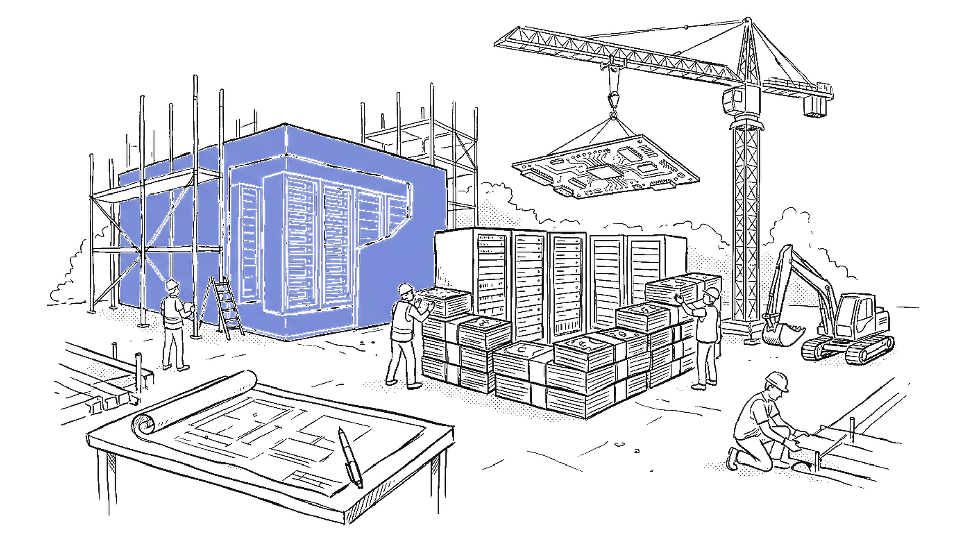 Illustration eines NVIDIA-Datacenters mit Baugerüsten und Geldscheinen, kinewsletter.ch Stil