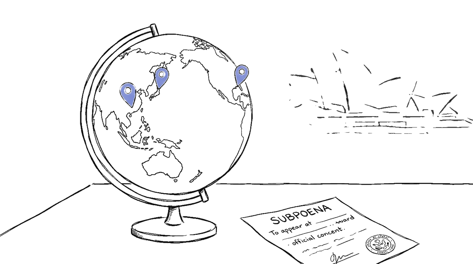 Illustration einer Weltkugel mit drei Markierungen für Sydney und Florida, kinewsletter.ch Stil