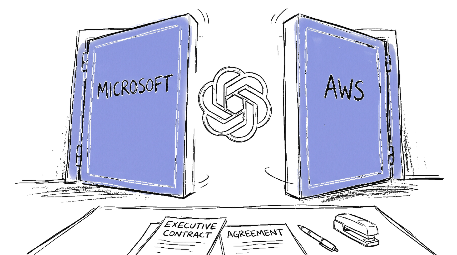 Illustration zweier sich öffnender Türen mit Microsoft- und AWS-Symbolen, OpenAI-Logo dazwischen, kinewsletter.ch Stil
