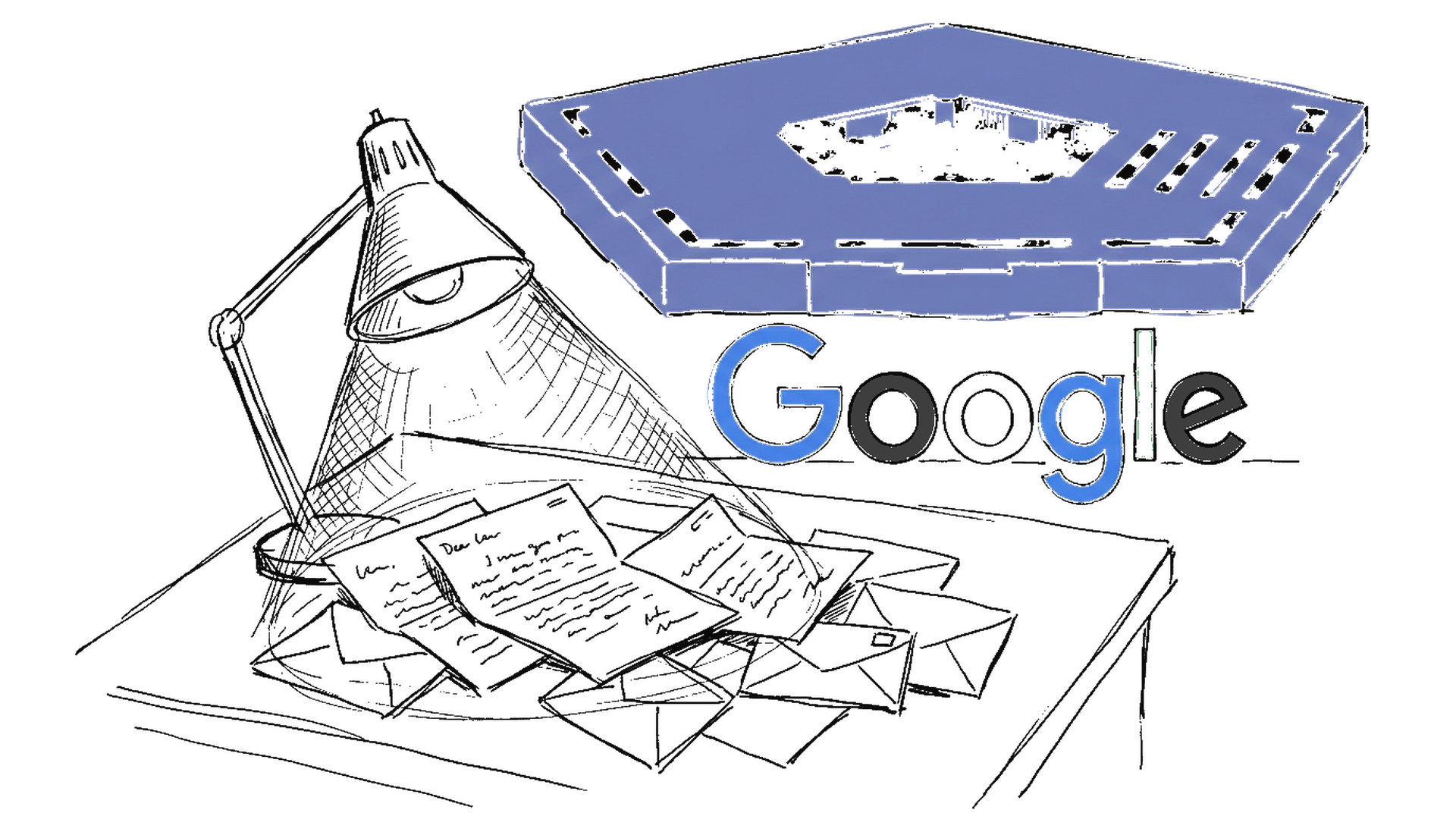 Illustration eines Pentagon-Symbols mit Google-Logo davor und einem Stapel offener Briefe im Vordergrund, kinewsletter.ch Stil