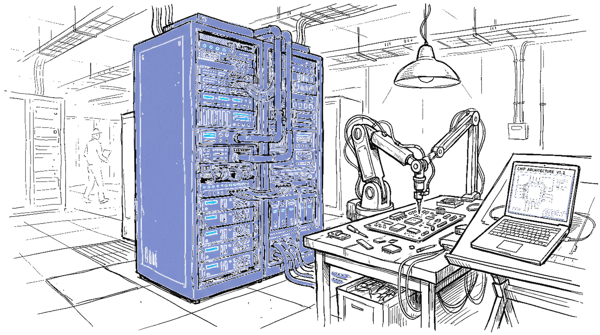 Illustration eines Server-Racks mit Roboterarm und Laptop-Blueprint, kinewsletter.ch Stil