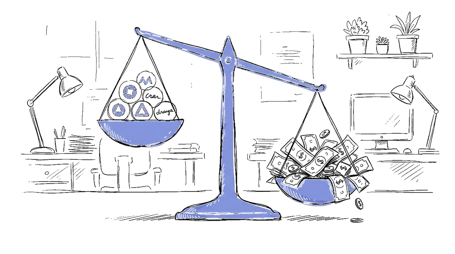 Illustration einer Waage mit Anthropic-Logo schwerer als OpenAI-Logo, Geldscheine fliessen auf die Anthropic-Seite, kinewsletter.ch Stil