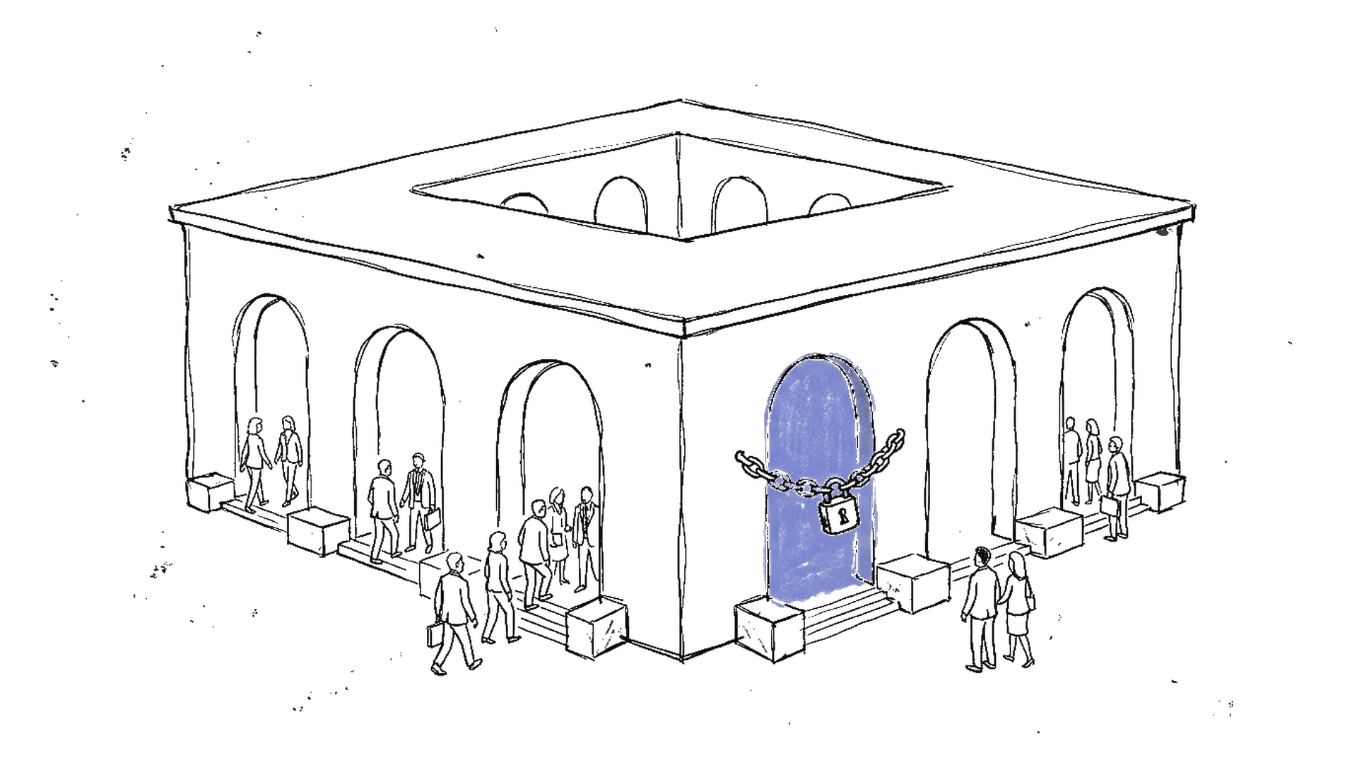 Illustration eines Pentagon-Symbols mit sieben Firmen-Logos eingefügt, ein achtes Logo (Anthropic) wird ferngehalten, kinewsletter.ch Stil