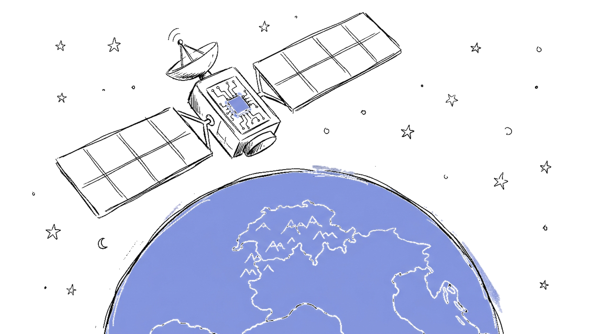 Illustration eines Satelliten im Orbit mit der Schweiz darunter, KI-Schaltkreise und ein generierter Text auf dem Display, kinewsletter.ch Stil