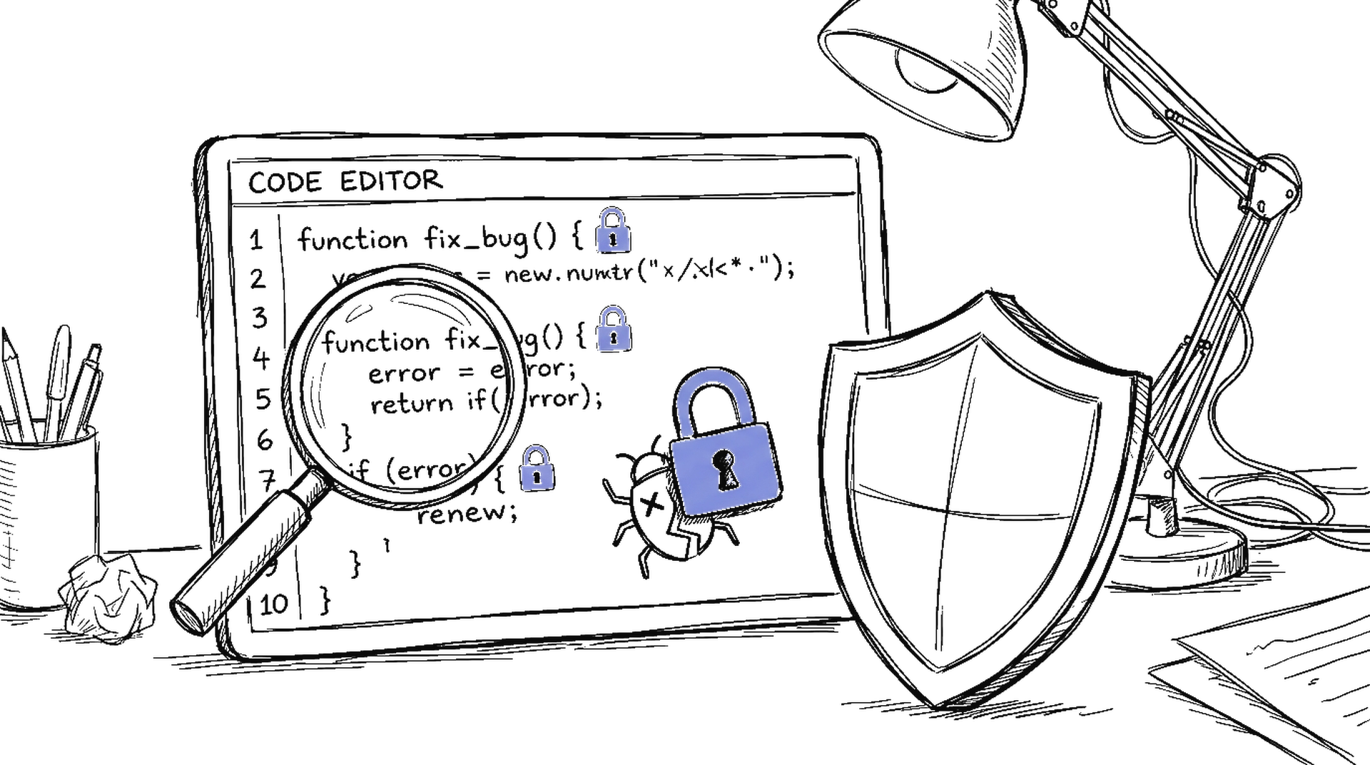 Illustration einer Code-Datei mit Schweizer Kreuz-Schloss und Magnifier, der Schwachstellen markiert, kinewsletter.ch Stil