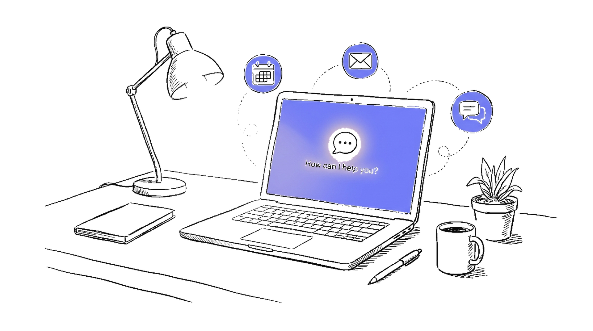 Illustration eines Desktop-Bildschirms mit AWS-Assistent-Icon, der Daten aus E-Mail, Kalender und Slack saugt, kinewsletter.ch Stil