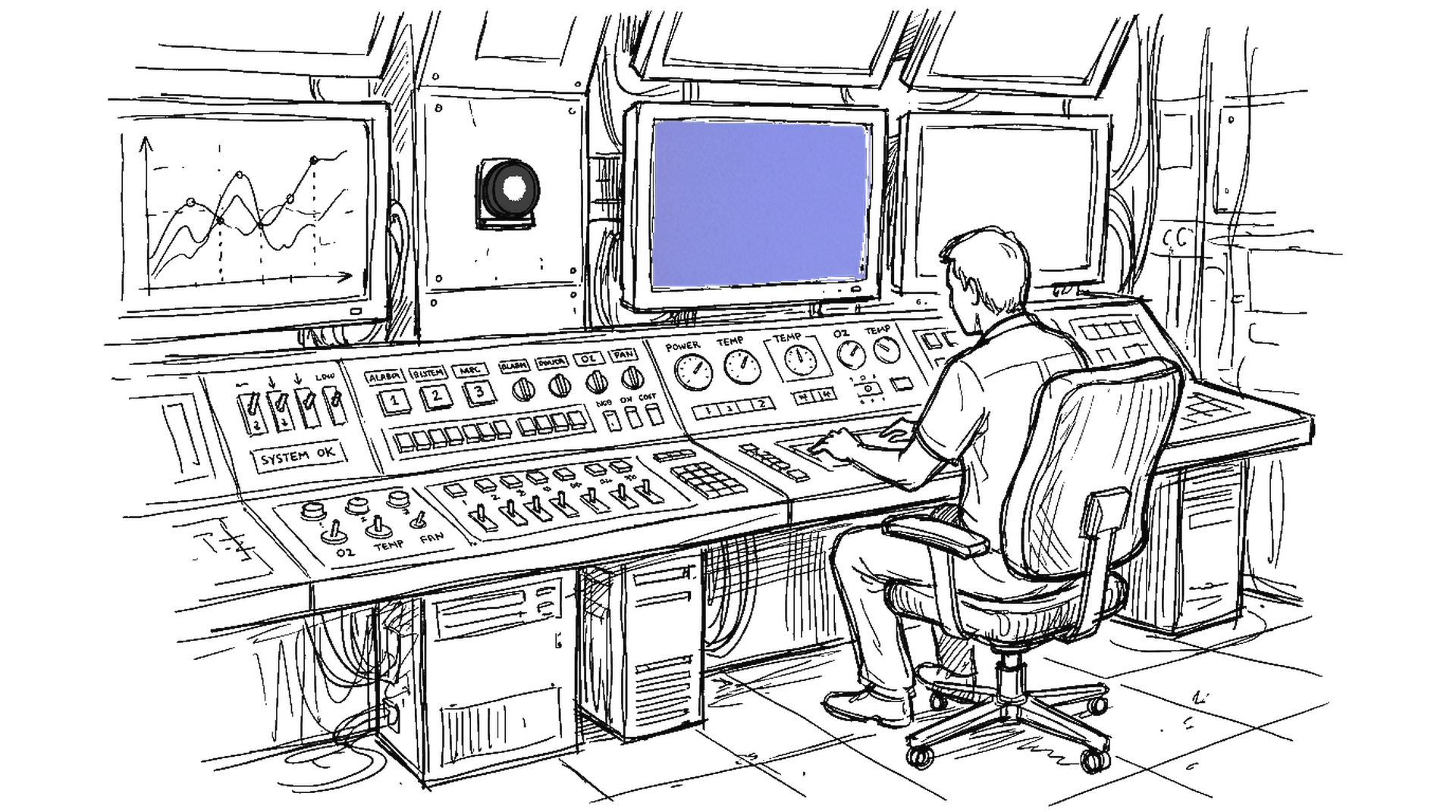 Illustration einer Schaltzentrale mit Monitor, kinewsletter.ch Stil