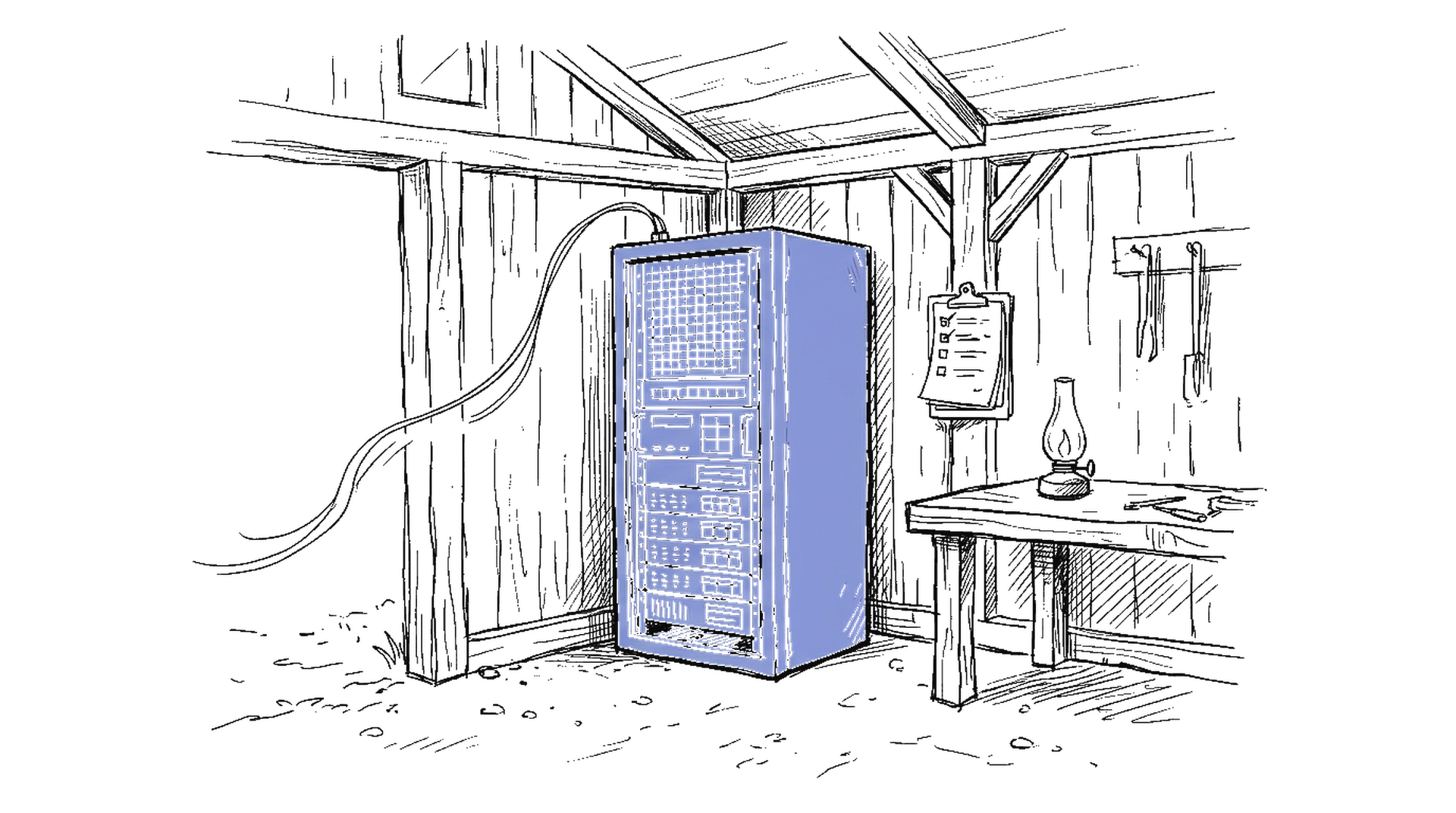 Illustration einer Werkstatt mit Server-Rack, kinewsletter.ch Stil